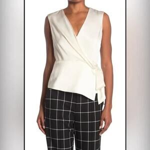 ALICE + OLIVIA IVORY WHITE SATIN WRAP VNECK BLOUSE SIZE SMALL